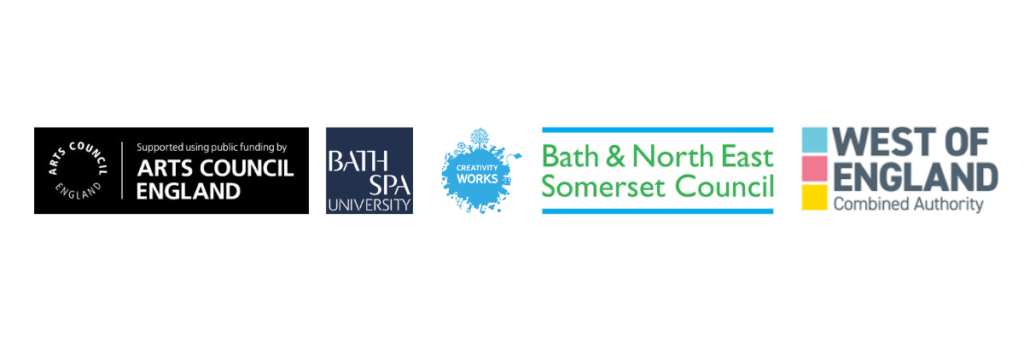 Logos for Partners Arts Council England, Bath Spa University, Creativity Works , Bath and North East Somerset and West of England Combines Authority
